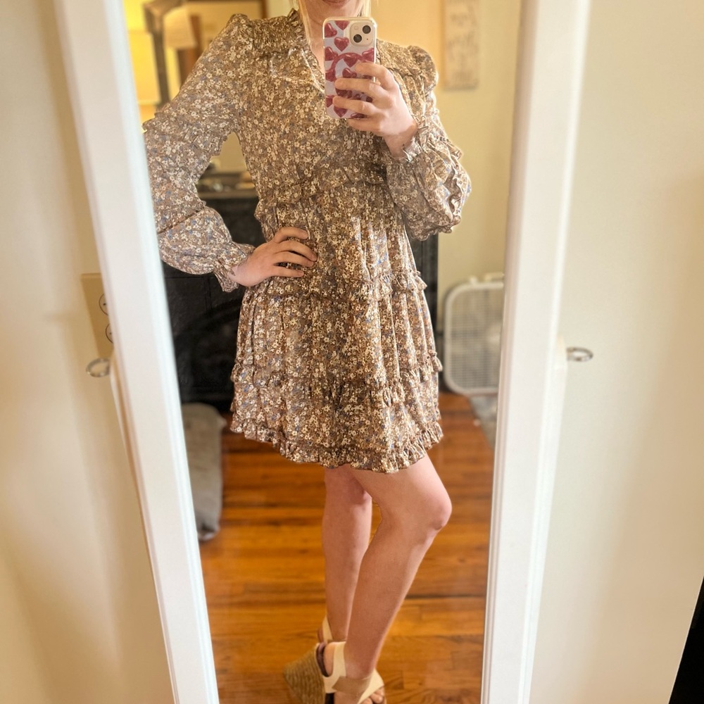 Altar'd State Brown Puff Sleeve Ruffled Sundress